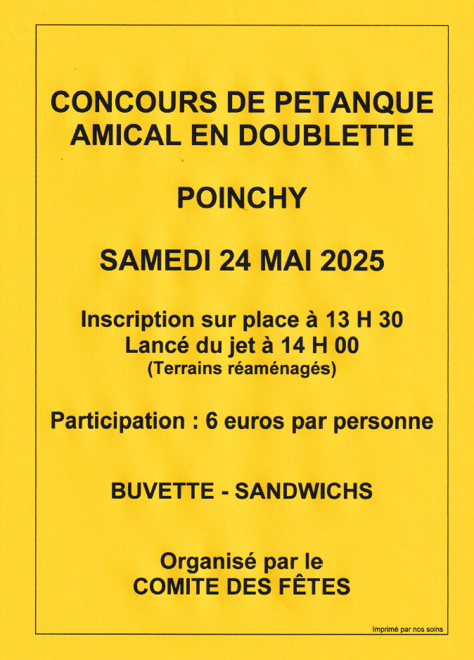 affiche orange annonçant concours de petanque du 24052025 à 13h30