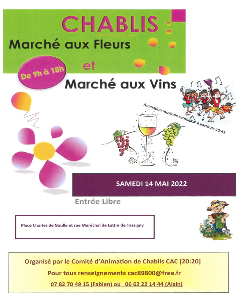 Affiche avec fleur rose et orange un verre de vin avec 2 grappes de raisins 1 blanche 1 rouge 1 jardinier et un groupe faisant de la musique et dansant dans la rue