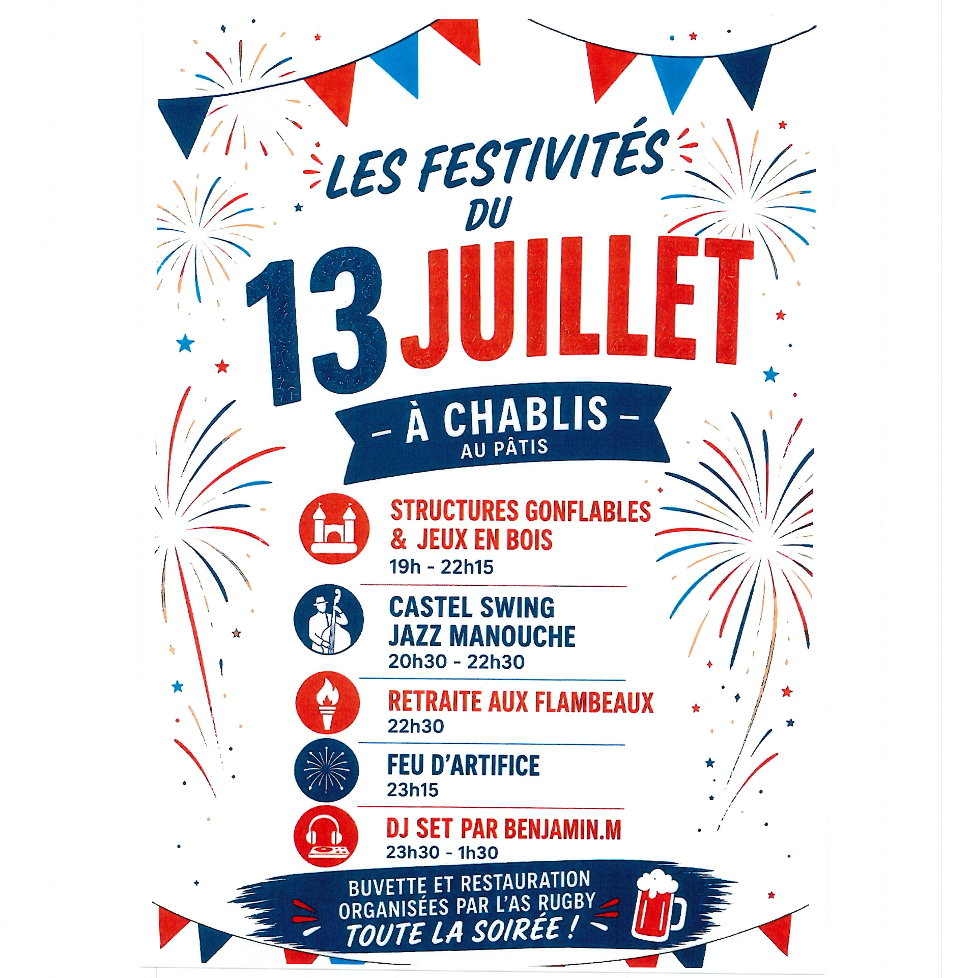 Affiche festivité du 13072026 au Patis 19h00 - couleurs bleue/blanc/rouge