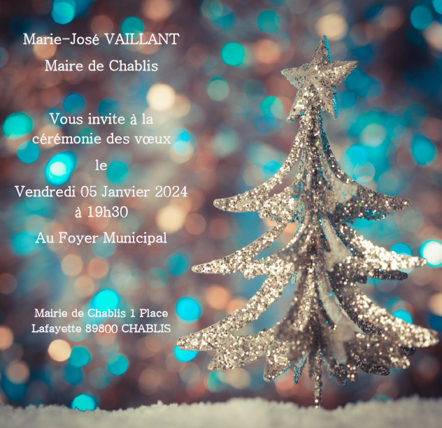 Sapin pailleté sur fond lumière scintillante bleue et blanche texte invitant à la cérémonie des voeux du 050124