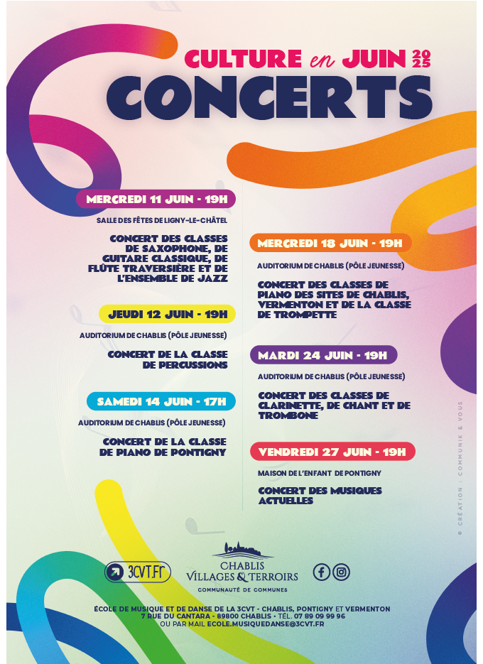 Affiche multicolor annoncant les lieux dates des differents concerts