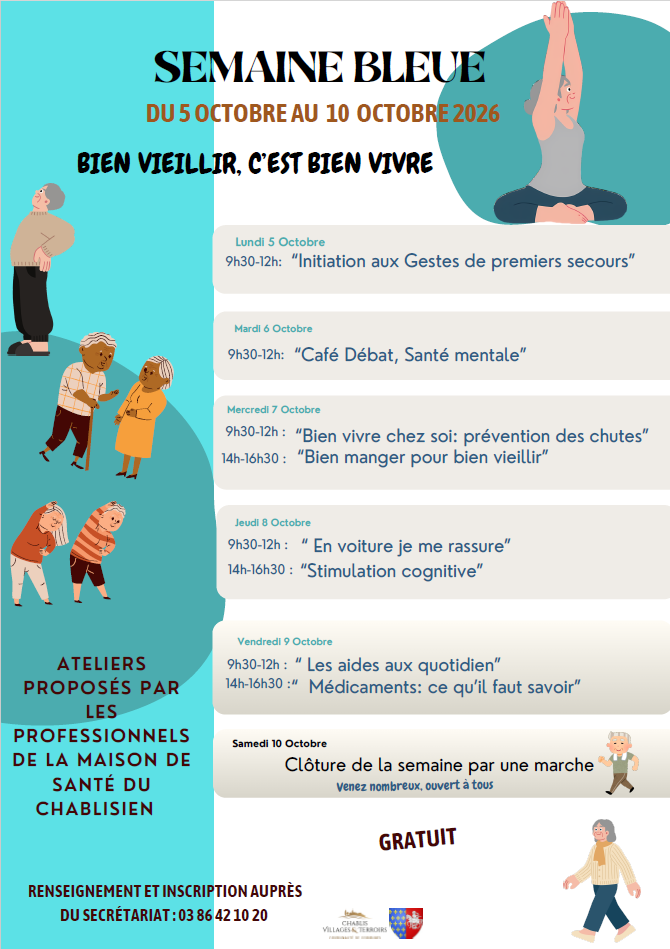 affiche semaine bleue avec dates et lieux des ateliers proposés