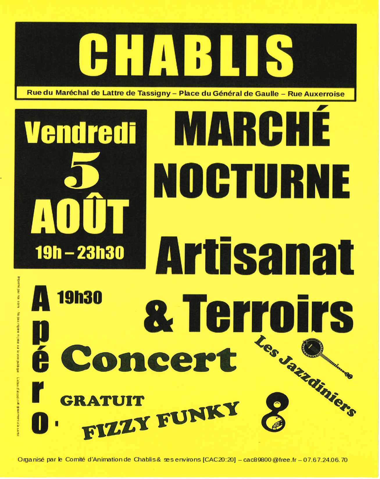 Affiche jaune et noire date du 05 08 2022 annonçant le marché noturne