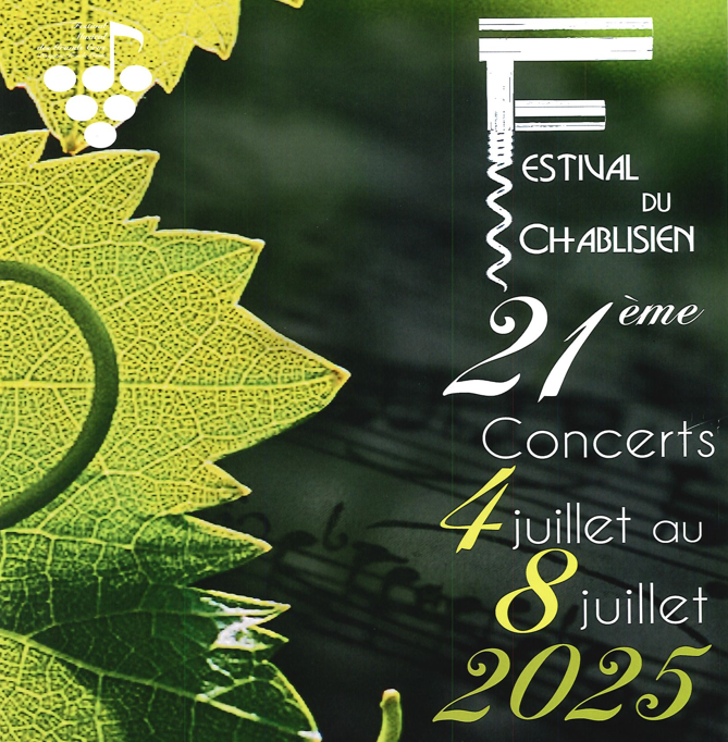 affiche partition sur fond vert avec feuilles de vignes dates des concerts du 04-07 au 08-07-25