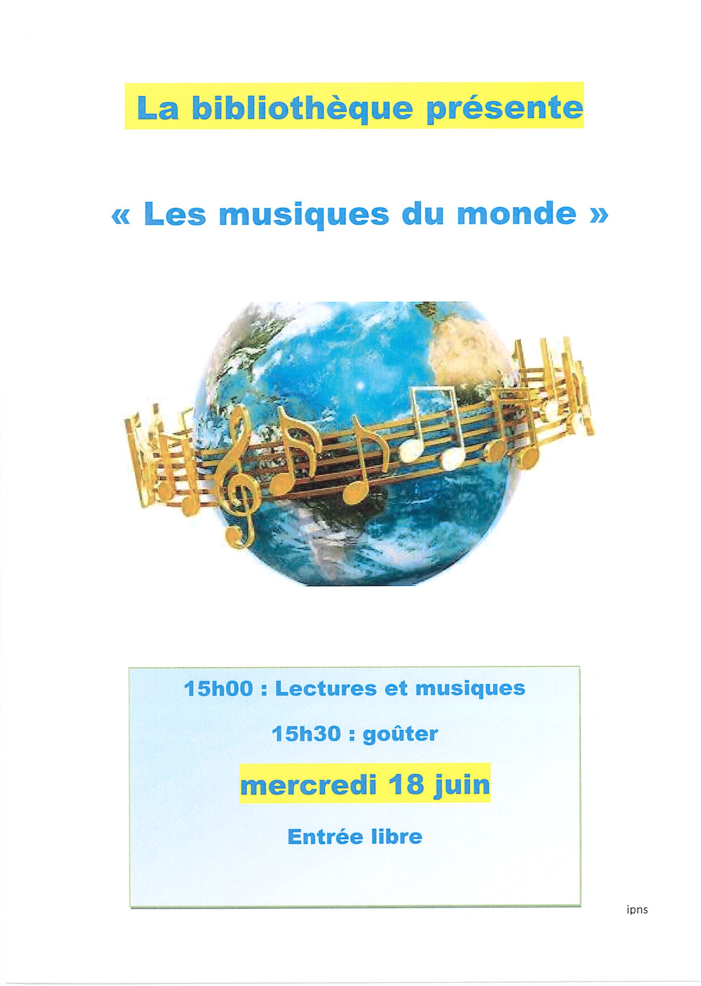 Planete terre entourée d'un anneau de partition avec notes de musiques date 180625 et heures 15h00