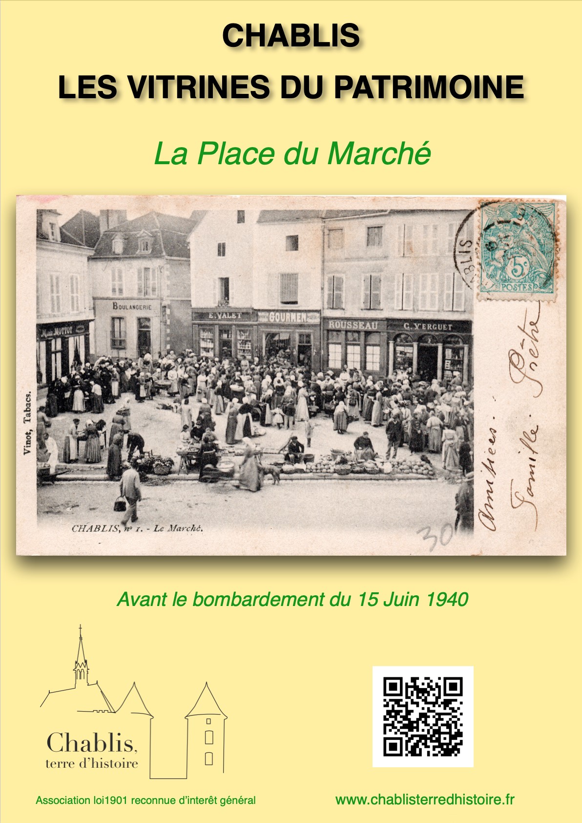 affiche avec carte postale représentant le marché dans les années 1940