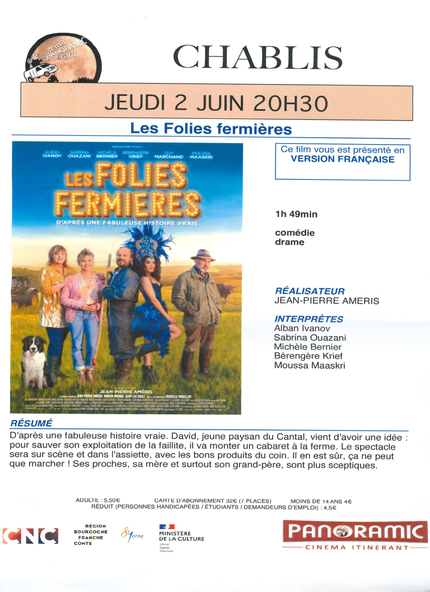 Affiche Champ en fond avec un tracteur au 1er plan 3 femmes 2 hommes et un chien