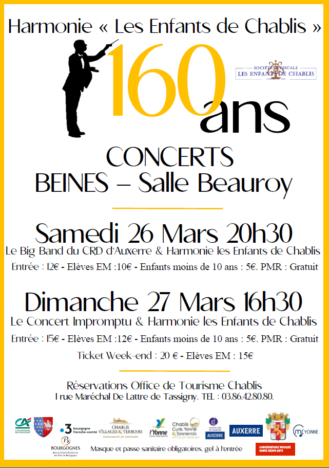 affiche annonçant les concert 160 en jaune ecrit noir sur fond blanc avec un Chef d'Orchestre