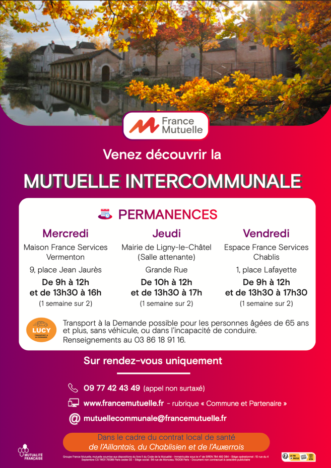 Affiche mutuelle intercommunale avec dates des permanences et photo du lavoir de Chablis