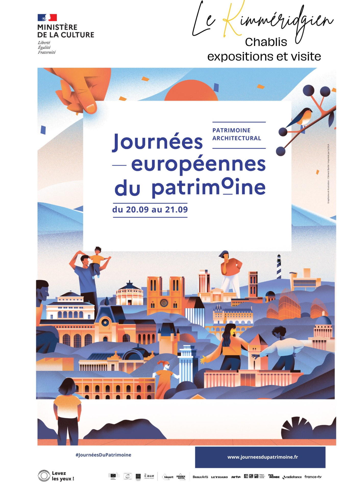 affiche sur fond blanc représentant divers monuments et lieux représentés en couleurs orange-bleu-brun-crème 