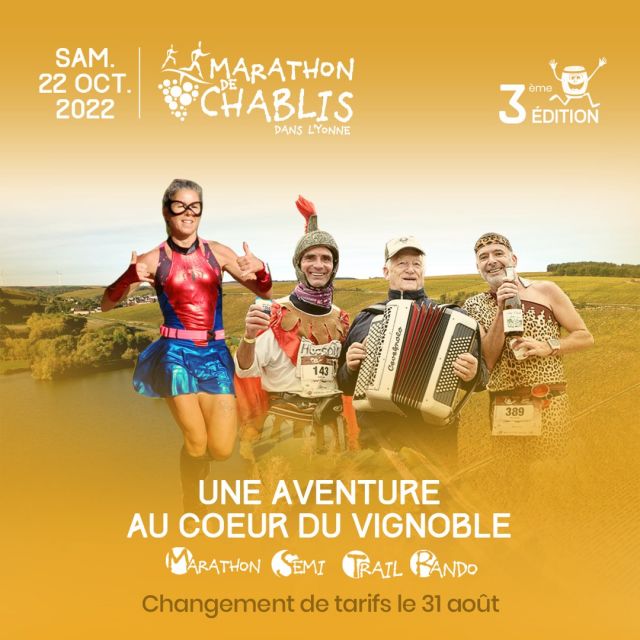 Affiche avec coureurs déguisés 1 femmes et 3 hommes avec 1 accordéon