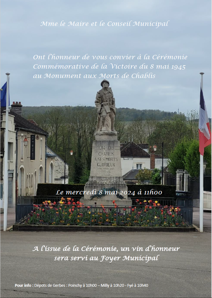 Affiche monument aux mort chablis avec heures des dépôts de gerbes