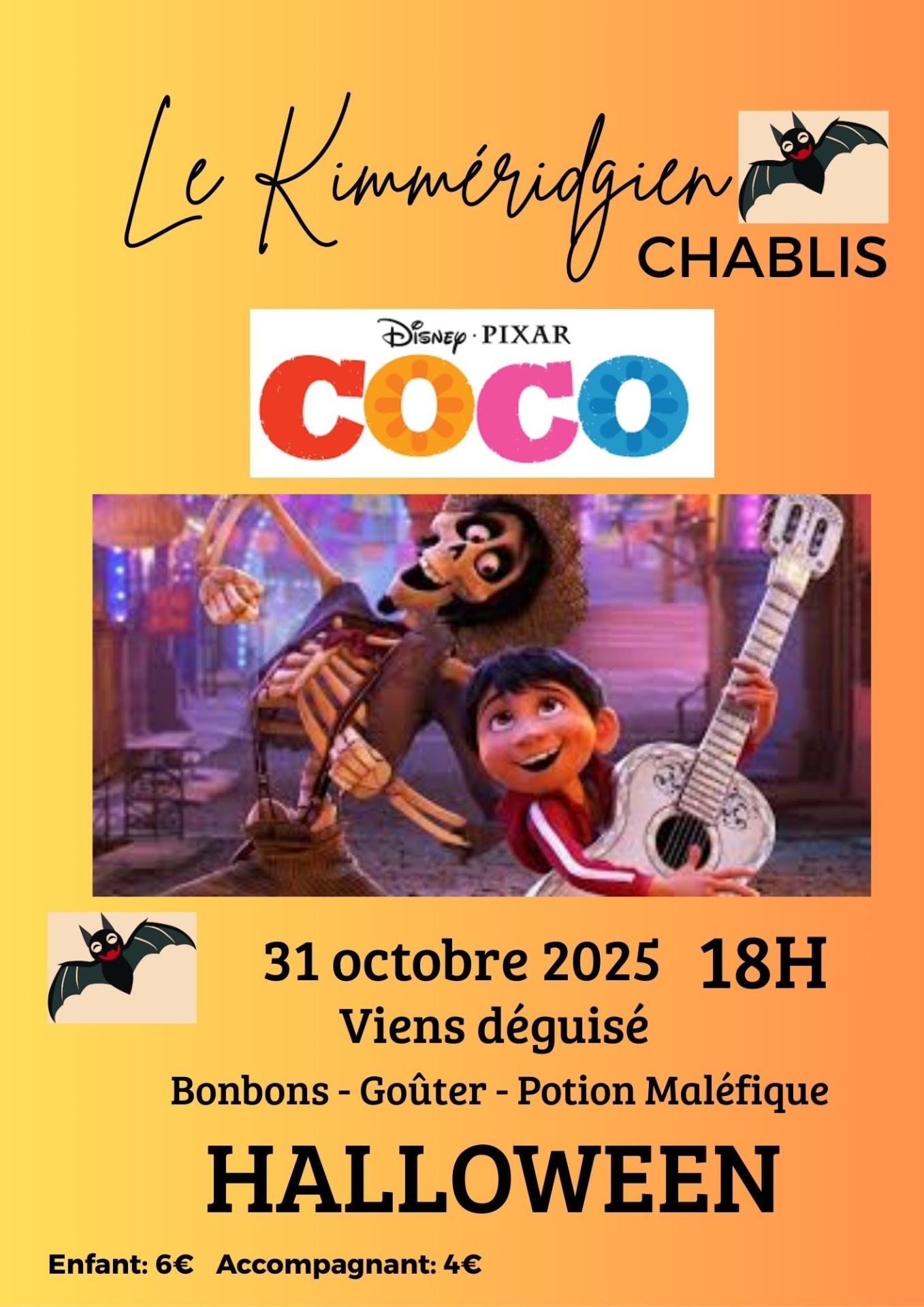 AFFICHE SUR FOND ORANGE  ET ANNONCE DU FILM COCO AVEC PHOTO  