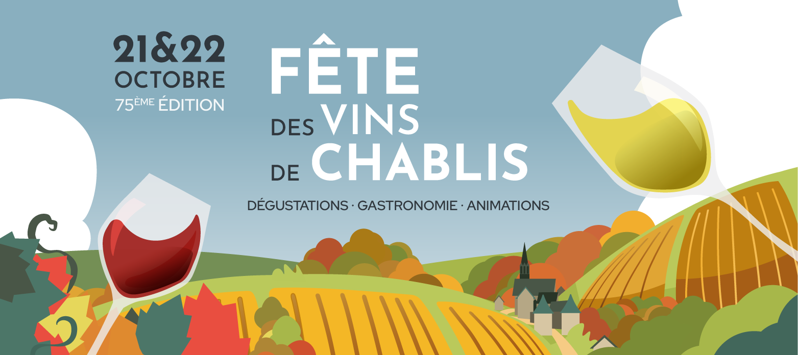 AFFICHE DESSIN AVEC 1 VERRE DE VIN BLANC 1 DE ROUGE SUR FOND PAYSAGE CHABLIS